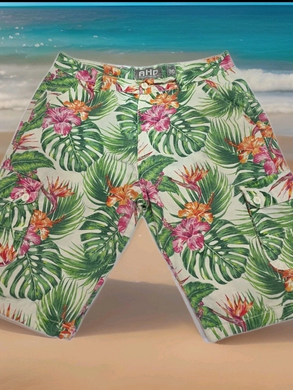 AHP Mens Size 38 Shorts Cargo Bermuda Hawaiian Another Hype Piece Hibiscus  EUC